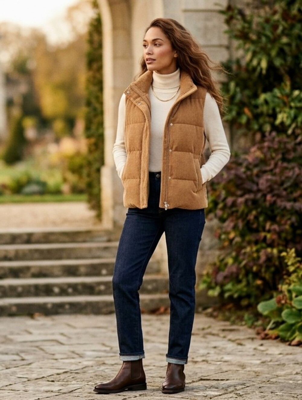 7 For All Mankind Corduroy Puffer Vest in Camel Tan
